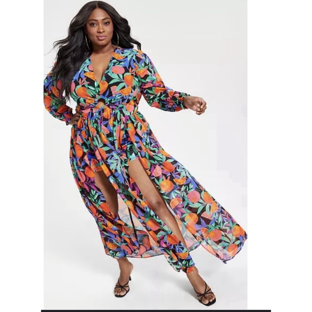 Nina Parker women's fruit print‎ maxi dress 1X citrus high slits resort vacation